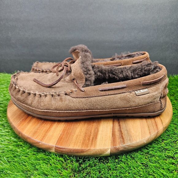 LL Bean Wicked Good Slippers Mens 9 Wide Brown Suede Shearling Slip On Shoes - Picture 5 of 11